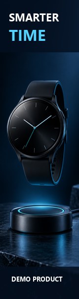 Demo advertisement featuring a smartwatch and charging dock
